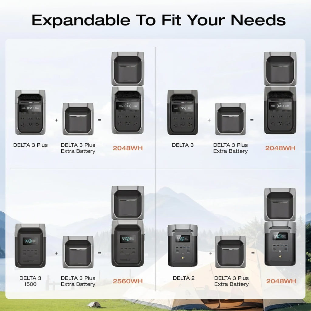 Portable Power Station DELTA 3+ with Smart Extra Battery, Expand Capacity from 1024Wh to 2048Wh, Solar Generator for Emergency, Home Backup, Outdoor Camping