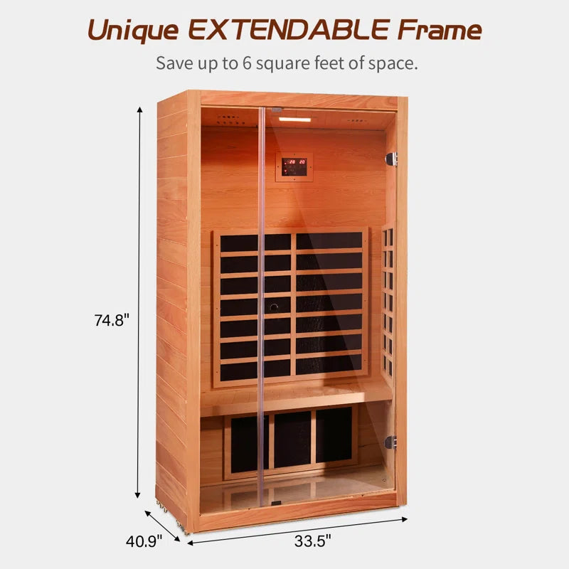 1-Person Extendable Indoor FAR Infrared Sauna Bluetooth Compatible with 6 Carbon Heaters