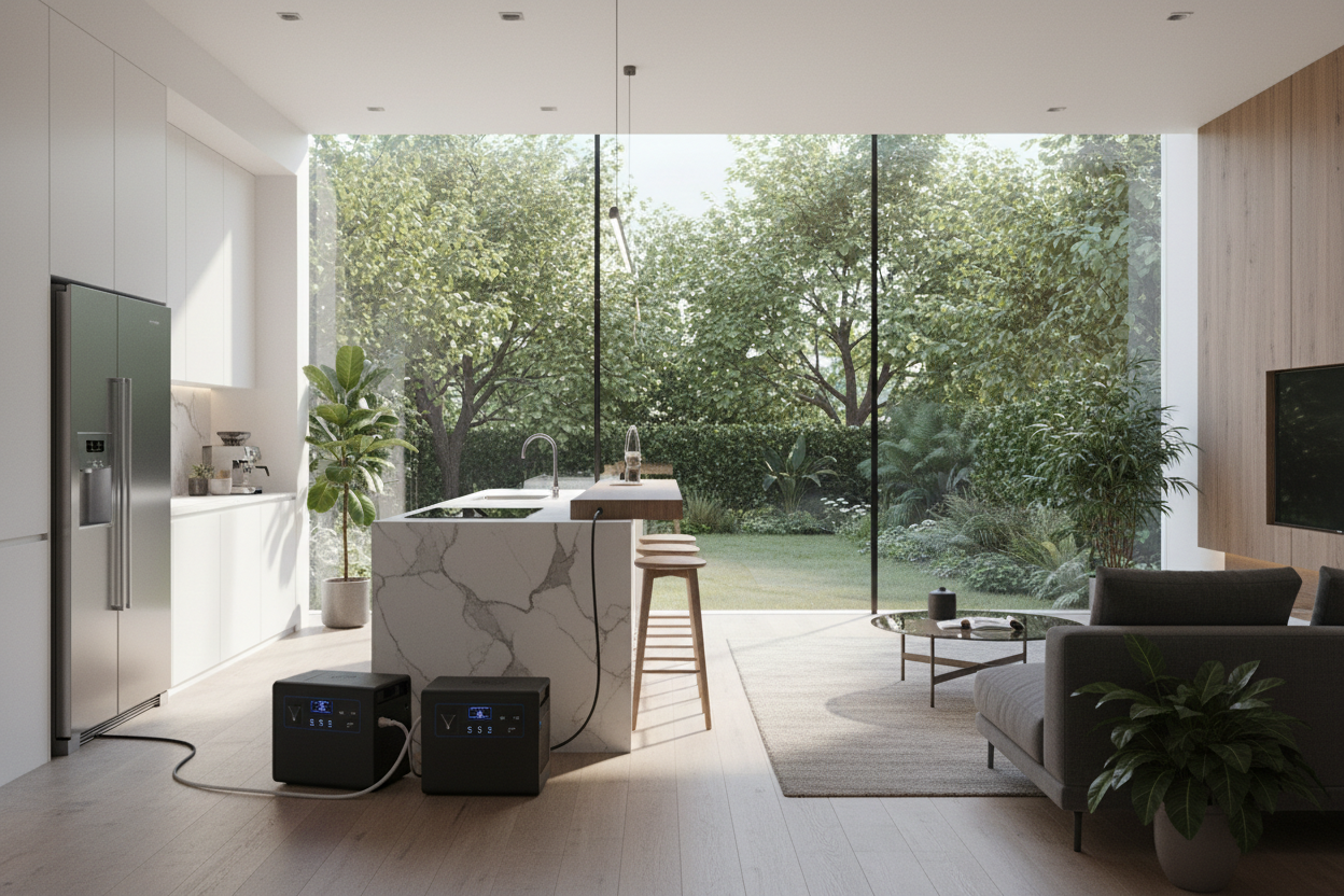 generatre an image of an ipen space kthne that shows also th eliving room and has a big wonodw giivnt to the large garde wihtluxdisod trees, i want you to shwoe th ekitrhcne and the. solar backup pwesr stations connectd to th erefigreatotr and othe aplaircnes